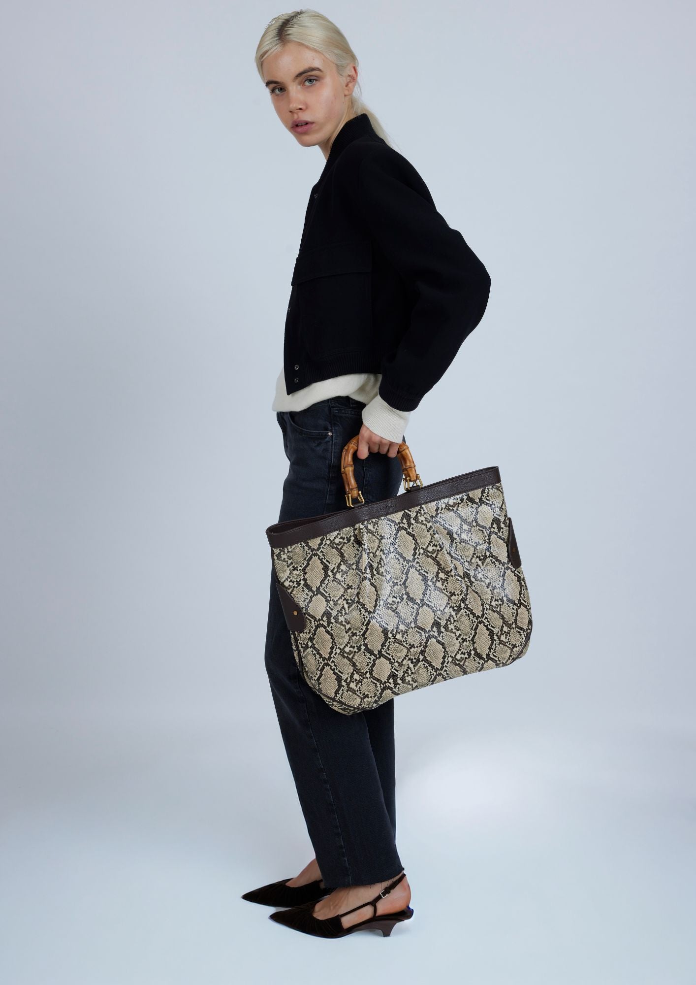 Large Tote Snake Beige Bag
