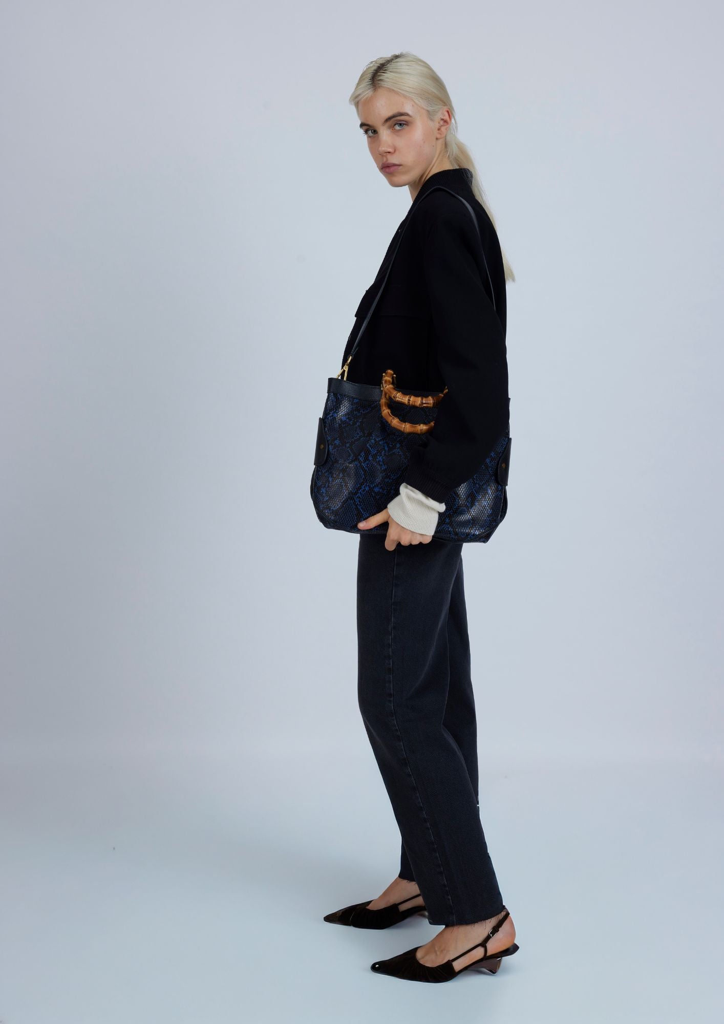Medium Tote Snake Bag Navy