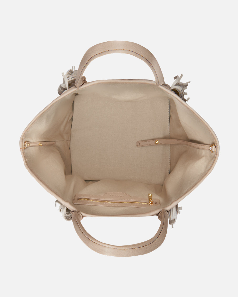 interior of beige shopper bag with shoulder strap