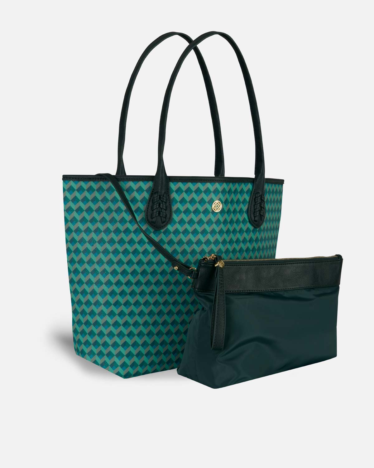 Green shopper bag with matching women's toiletry bag