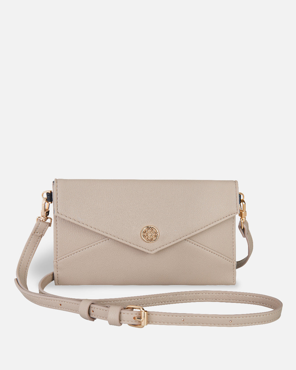 women's beige shoulder bag with button closure and gold details