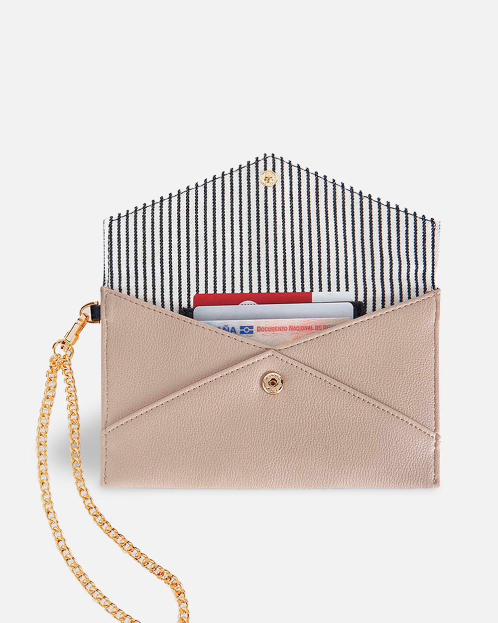 beige shoulder bag with button closure for woman inside