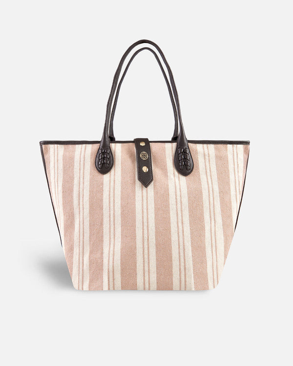 White and beige striped shopper bag