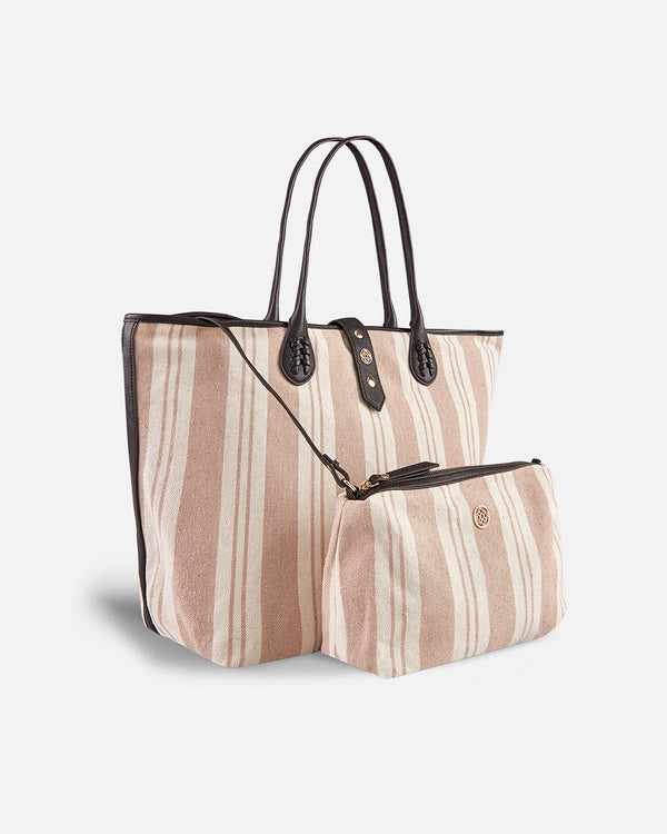 bag shopping with beige and white stripes and matching vanity case