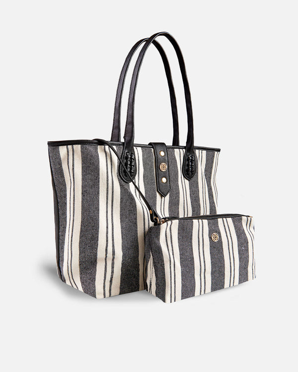 Black and white striped shopper bag with matching toiletry bag