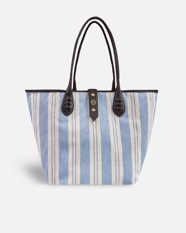 blue and white striped shopper bag