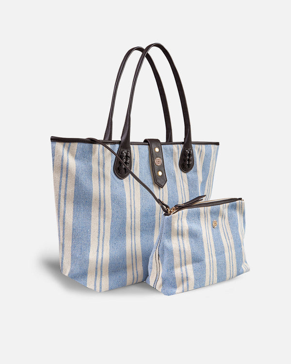 blue and white striped shopper bag with matching toiletry bag