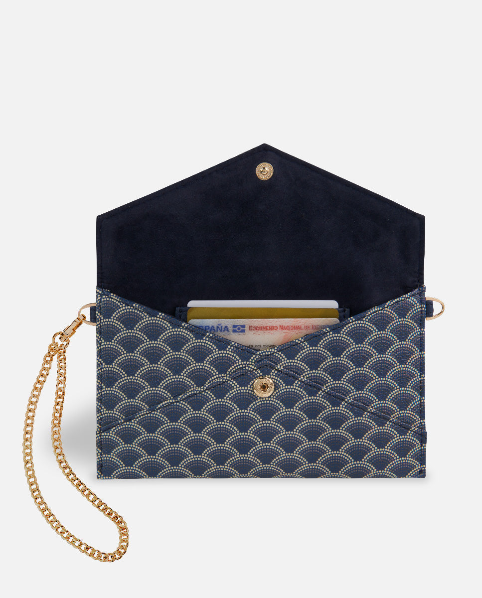 wallet XXL blue with shoulder strap for women with gold chain