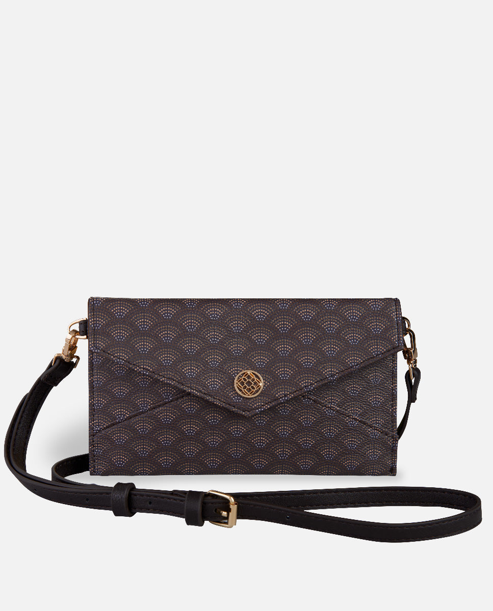 Brown printed wallet with shoulder strap and gold clasp Lonbali