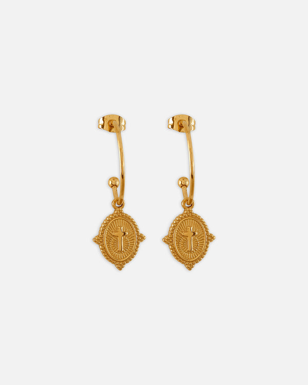 Women's earrings with plaque and cross