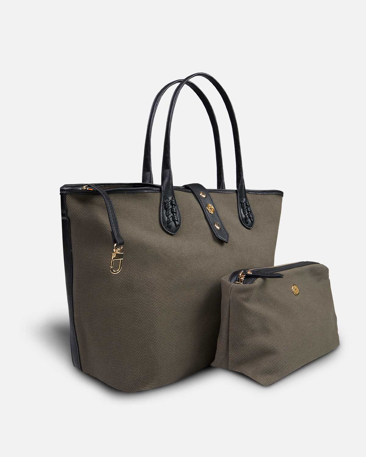 Khaki bag with matching toiletry bag